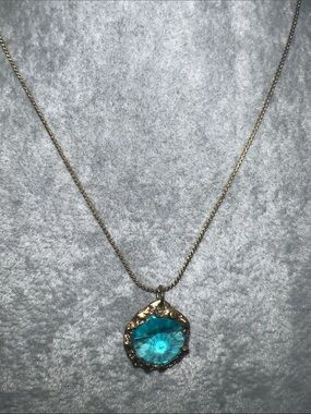 Gold-Tone Necklace with Turquoise Blue Crystal Pendant